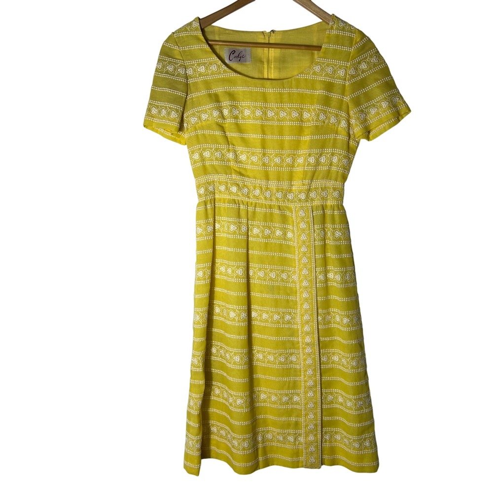 Vintage Carlye Dress S Yellow Embroidered Striped Fit Flare ILGWU Union Made 60s